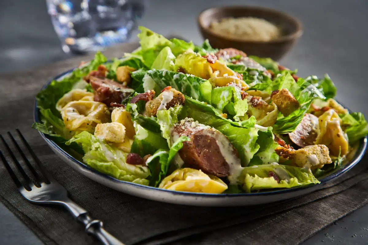 Grilled Italian Sausage, Bacon and Tortellini Caesar Salad