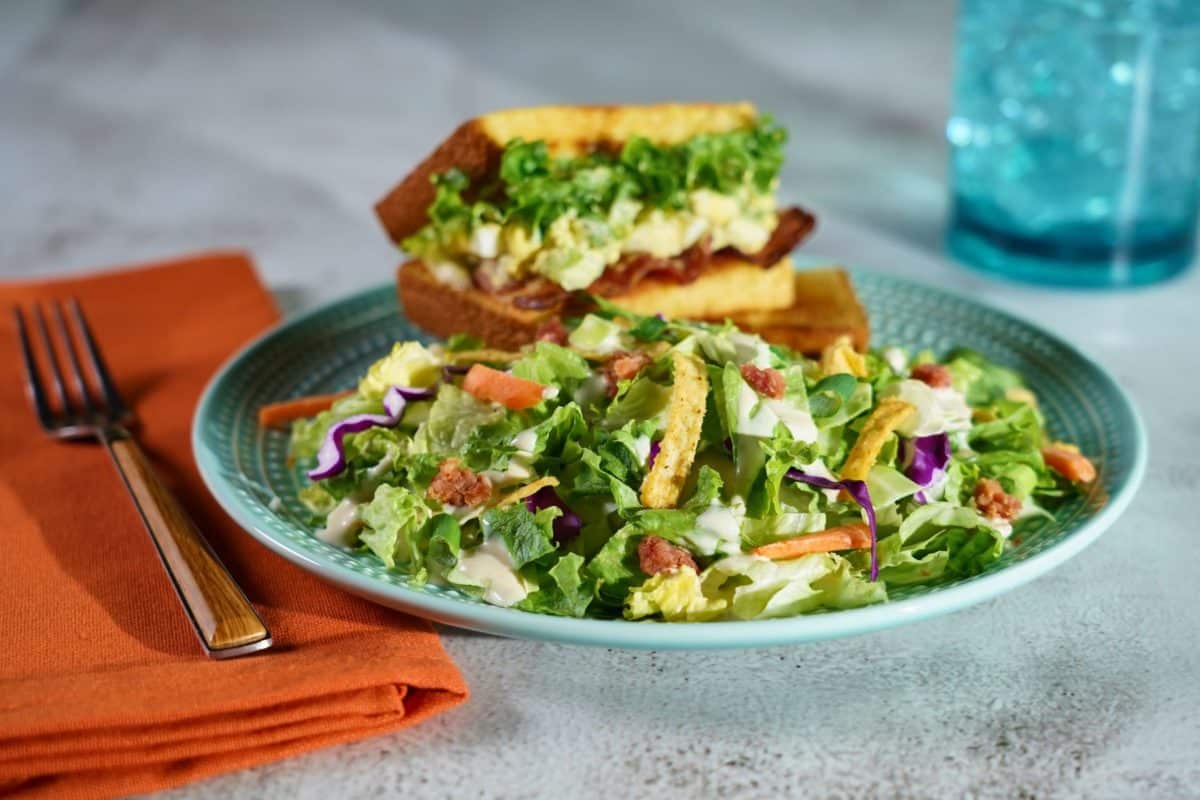 Bacon Lettuce Egg Salad Sandwich with Kickin’ Ranch Salad