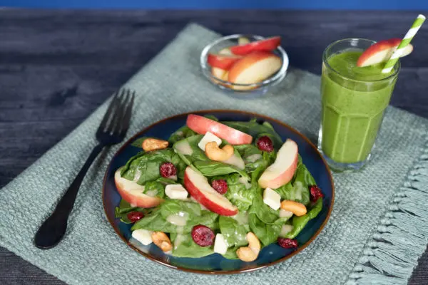 Kronk’s Apple, Cranberry, Cashew & Cheese Salad with Spinach & Apple Smoothie