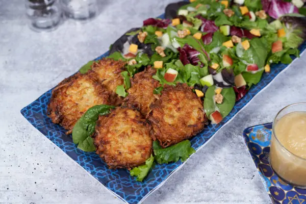 Potato Carrot Latkes with Apples & Cheddar Salad