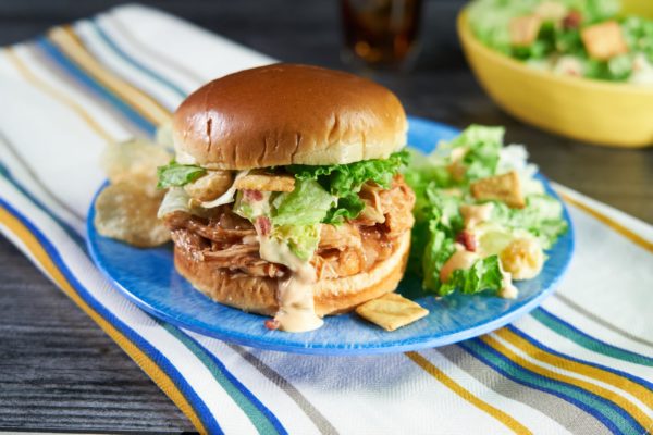Pulled BBQ Chicken Sandwich with Bacon Thousand Island Chopped Salad