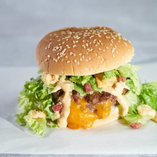Cheese-Stuffed-Burger-with-Bacon-Thousand-Island-Chopped-Salad