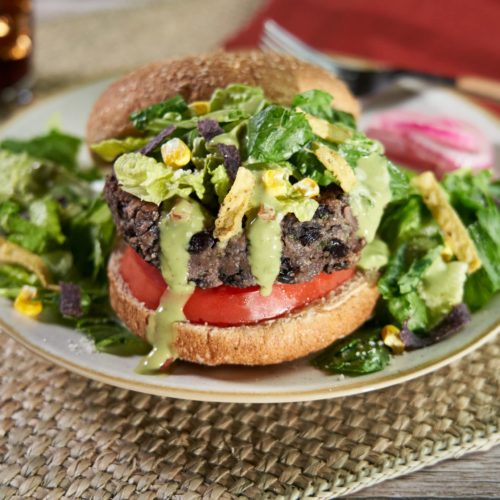 Southwest Black Bean Burger with Avocado Salad Topping