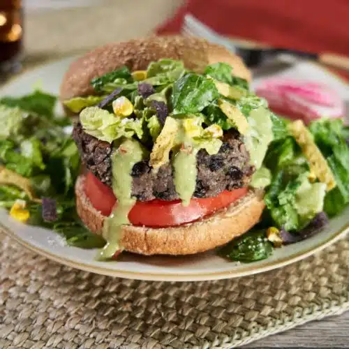 Southwest Black Bean Burger with Avocado Salad Topping
