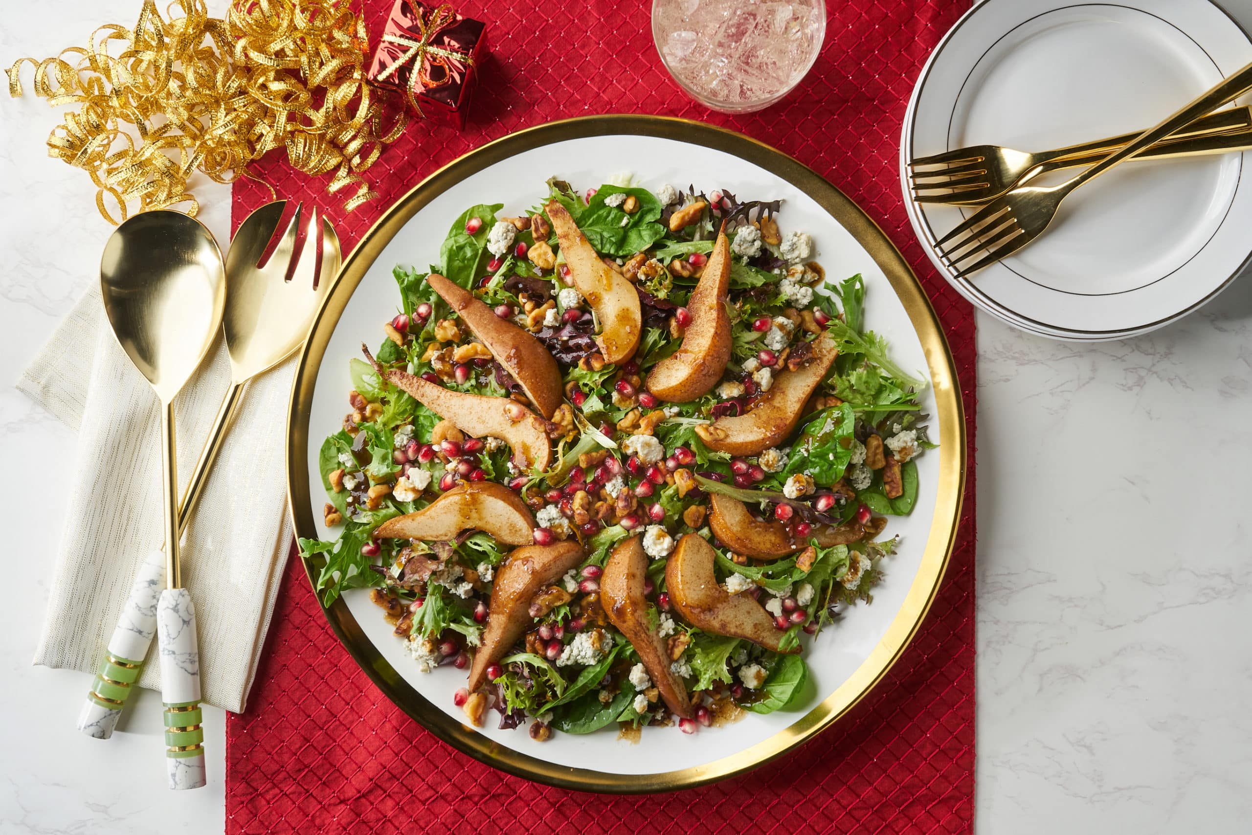 pomegranate and pear green salad with ginger dressing Pomegranate & Pear Green Salad with Ginger Dressing