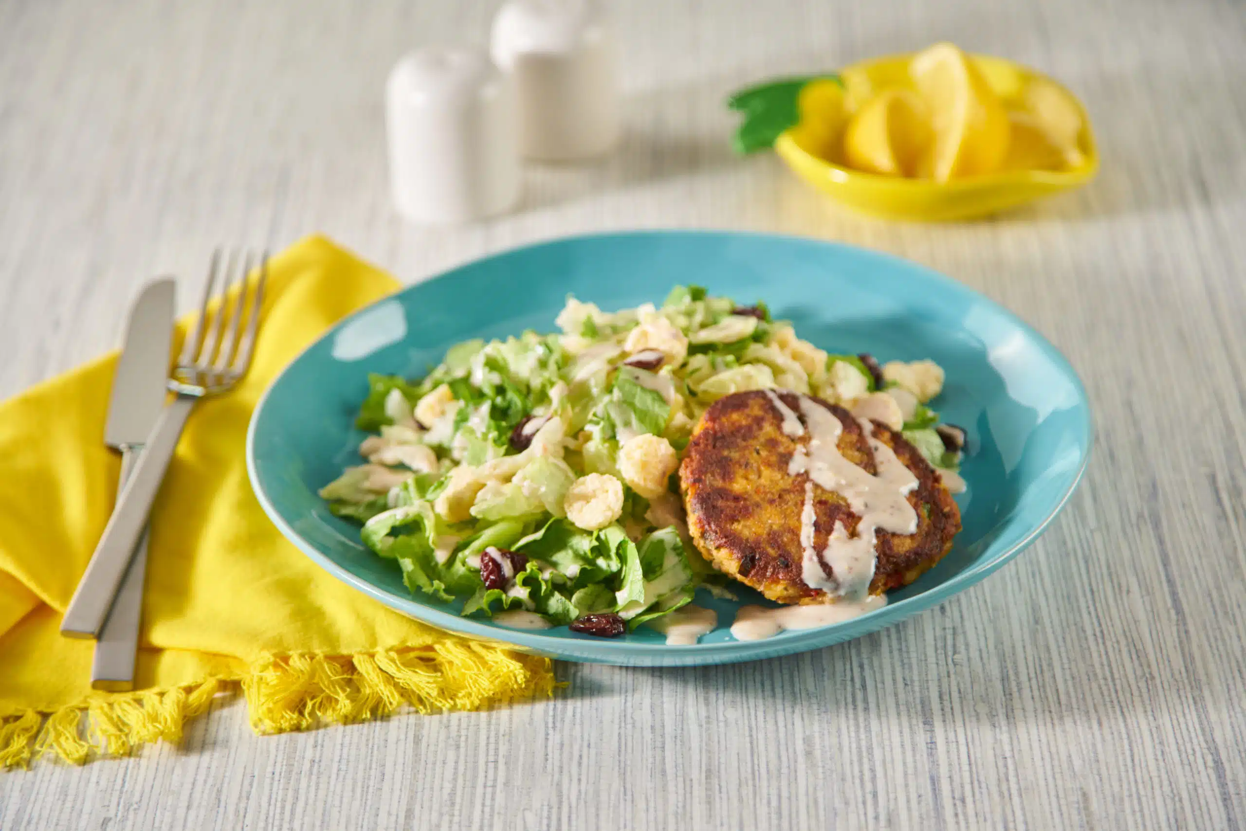 Lemon Caesar Salad with Salmon Patties