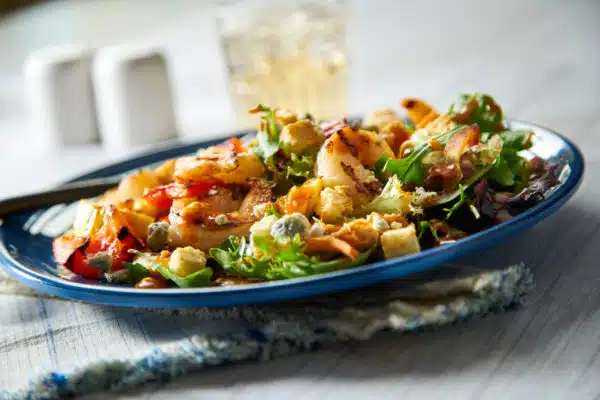 Blackened Shrimp Kabobs with Blue Cheese Spinach Salad