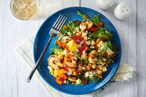 Blackened Shrimp Kabobs with Blue Cheese Spinach Salad