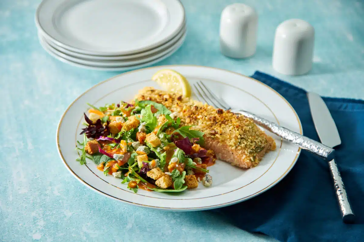 Walnut Rosemary Crusted Salmon & Spinach Salad