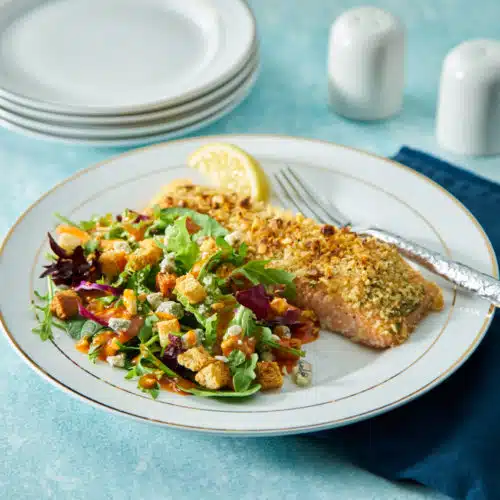 Walnut Rosemary Crusted Salmon & Spinach Salad