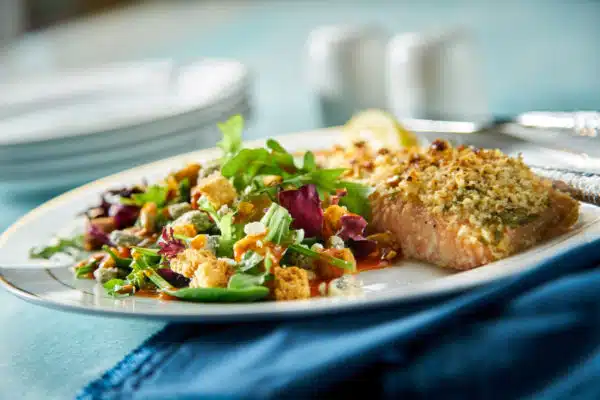 Walnut Rosemary Crusted Salmon & Spinach Salad