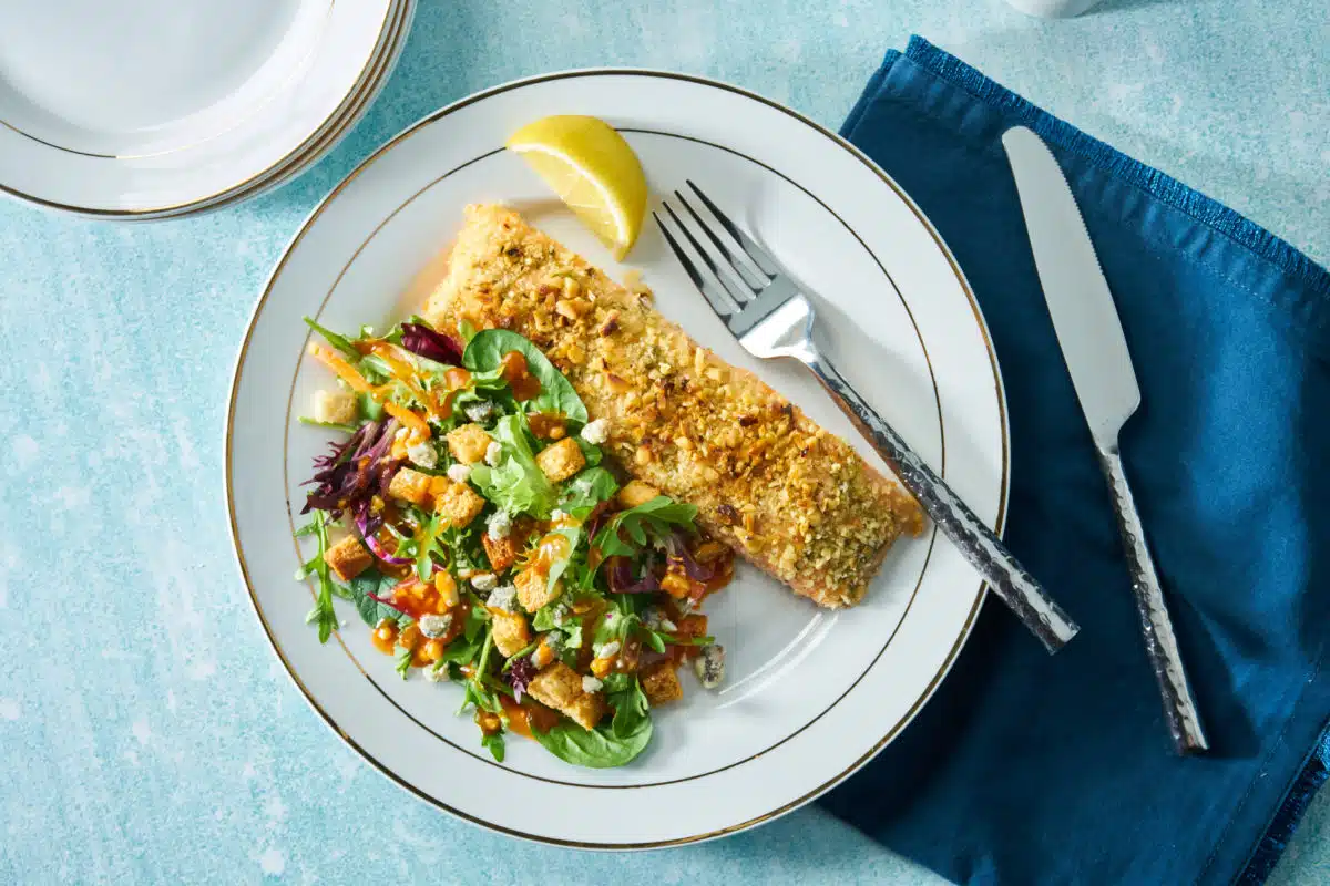 Walnut Rosemary Crusted Salmon & Spinach Salad