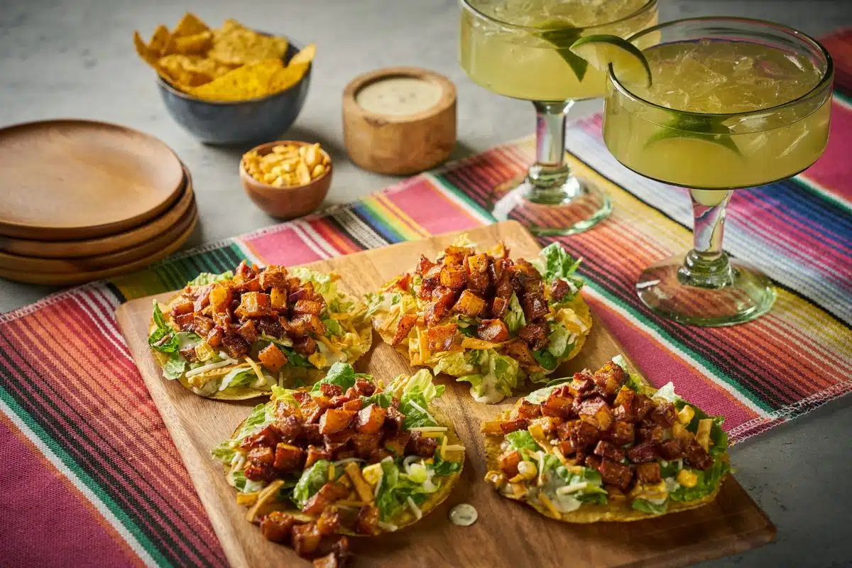 Cinco de Mayo Enchilada Caesar Mini Tostadas with Chipotle Potatoes