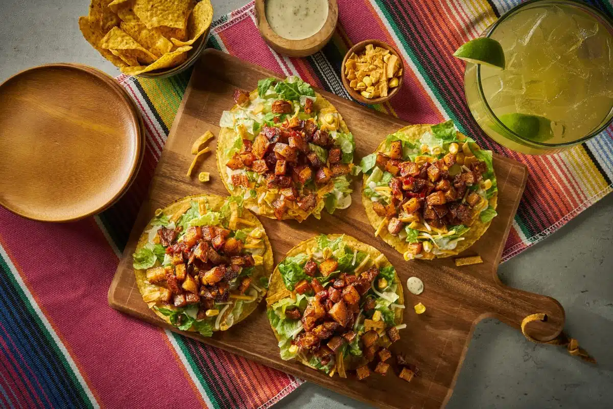 Cinco de Mayo Enchilada Caesar Mini Tostadas with Chipotle Potatoes
