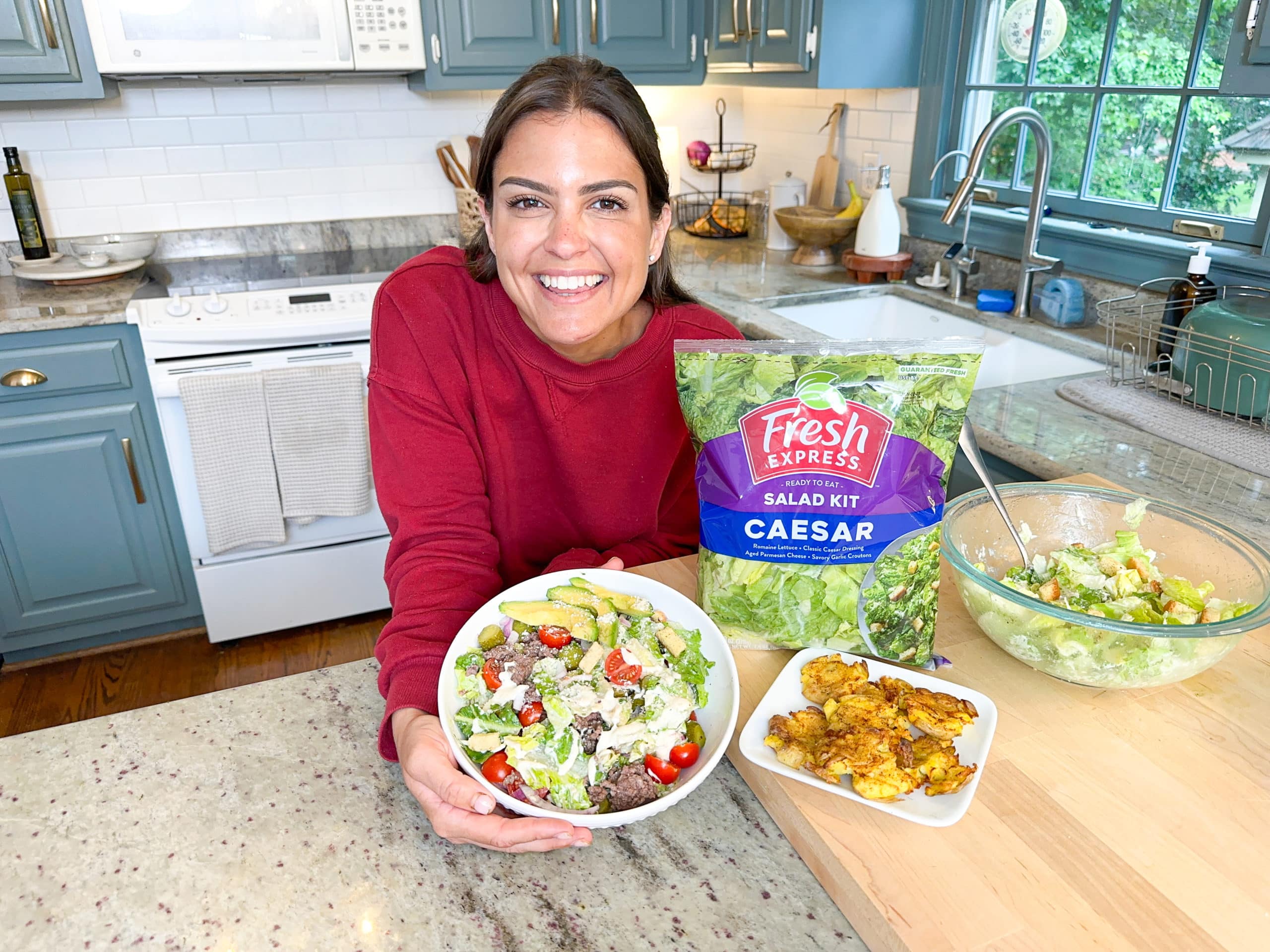 Recipe by Steph Grasso Caesar Burger Bowl with Crispy Smashed Potatoes - Fresh Express