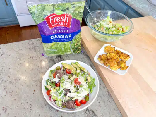 Recipe by Steph Grasso Caesar Burger Bowl with Crispy Smashed Potatoes
