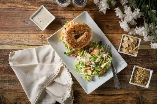 Salmon Bagel Sandwich with The Works Chopped Salad