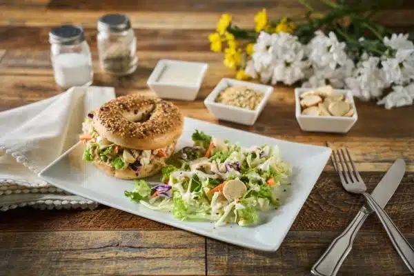 Salmon Bagel Sandwich with The Works Chopped Salad