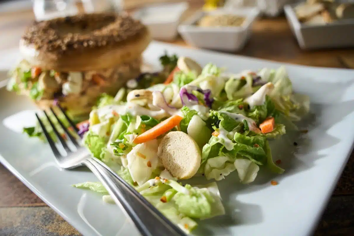 Salmon Bagel Sandwich with The Works Chopped Salad
