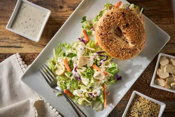 Salmon Bagel Sandwich with The Works Chopped Salad