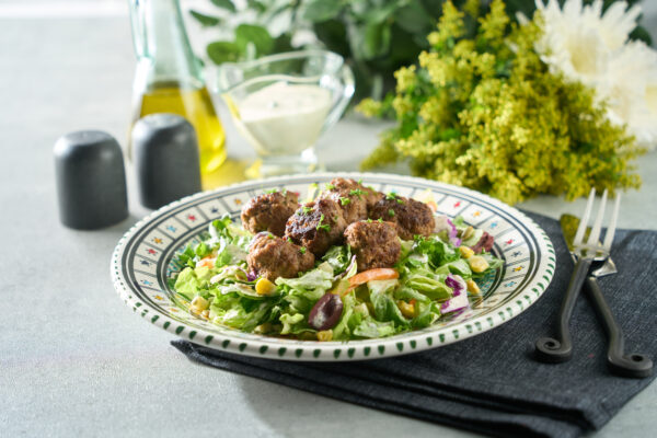   Creamy Goddess Salad with Spiced Beef Meatballs