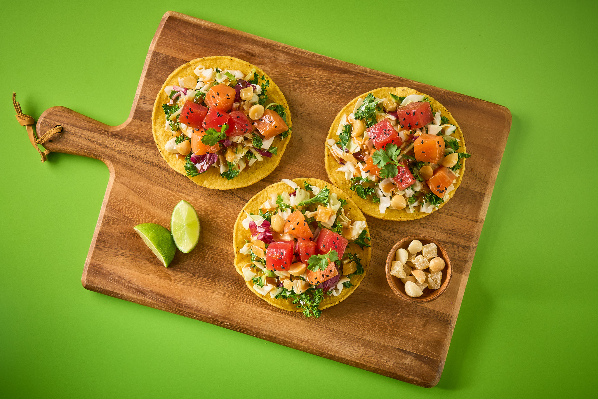 Salmon and Tuna Poke Tostadas with Zesty Hawaiian Crunch Salad