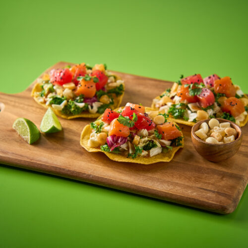 Salmon and Tuna Poke Tostadas with Zesty Hawaiian Crunch Salad