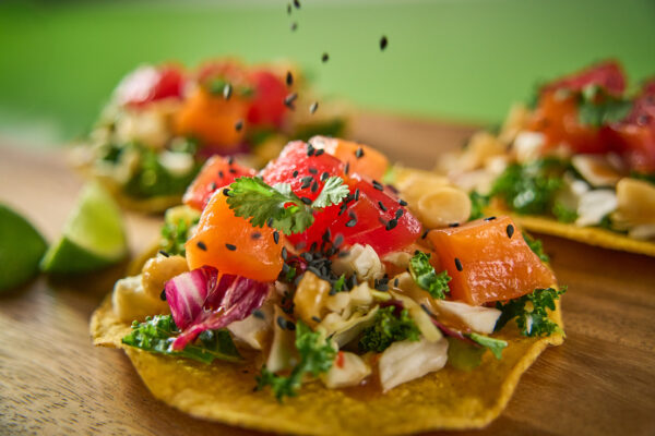Salmon and Tuna Poke Tostadas with Zesty Hawaiian Crunch Salad